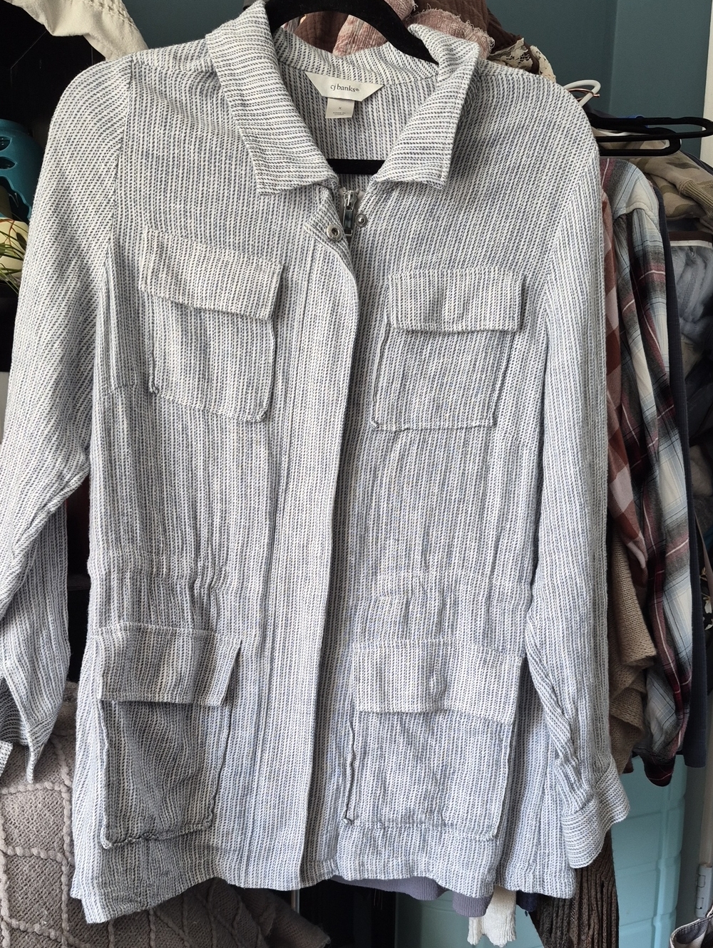 CJ Banks Light Gray Striped Lightweight Shirt Jacket Sz X